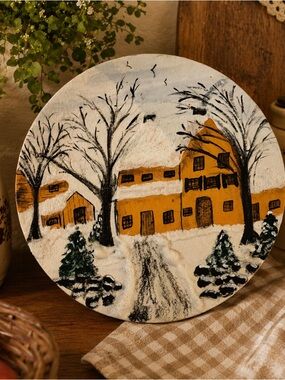 Vintage Hand-Painted Mustard Yellow Winter Village Ceramic Plate